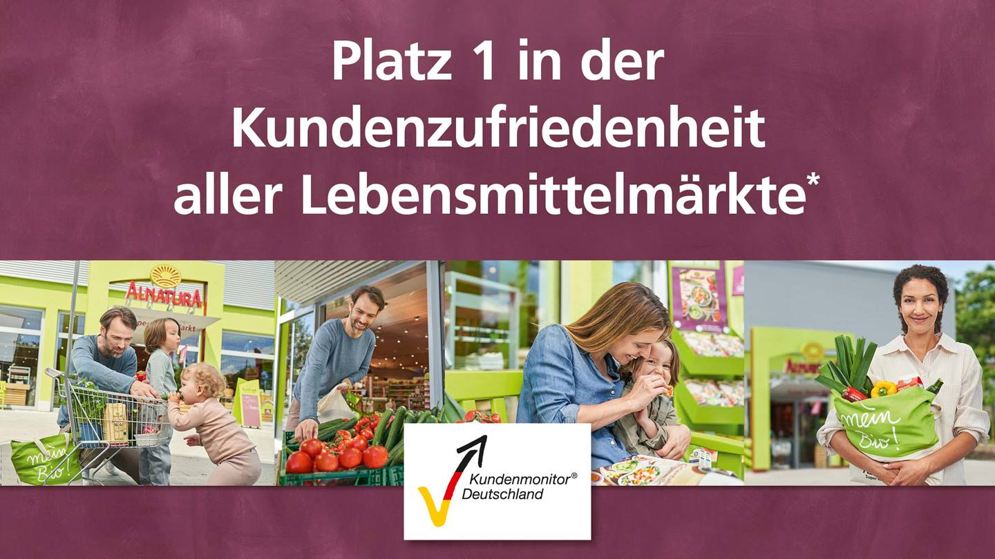 Bild zum Kundenmonitor Deutschland mit Platz 1 für Alnatura in der Kundenzufriedenheit aller Lebensmittelmärkte