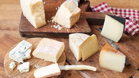 Käsevariationen und verschiedene Käsesorten: Hartkäse, Weichkäse, Blauschimmel aus Kuhmilch, Ziegenmilch und Schafmilch